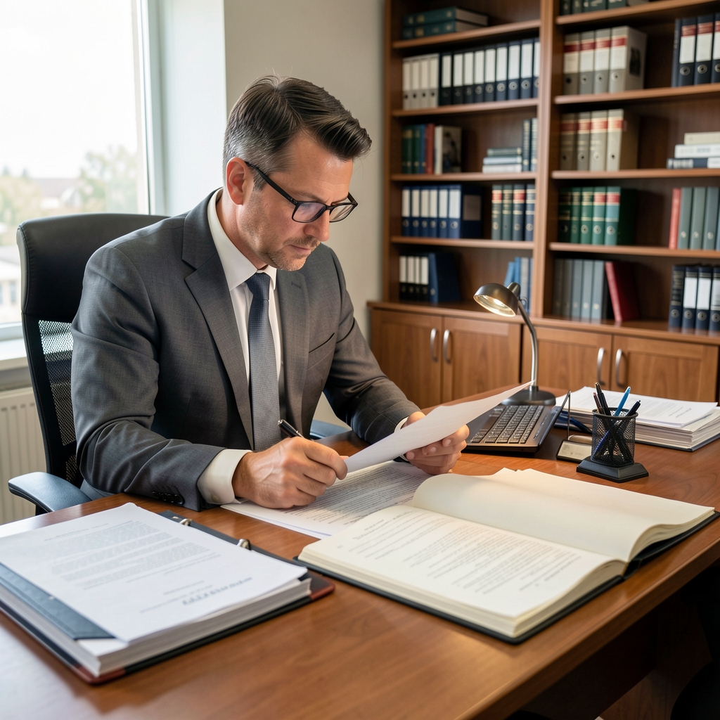 Auditor revisando comprobantes y libros contables con una lupa y una carpeta de papeles sobre un escritorio de oficina