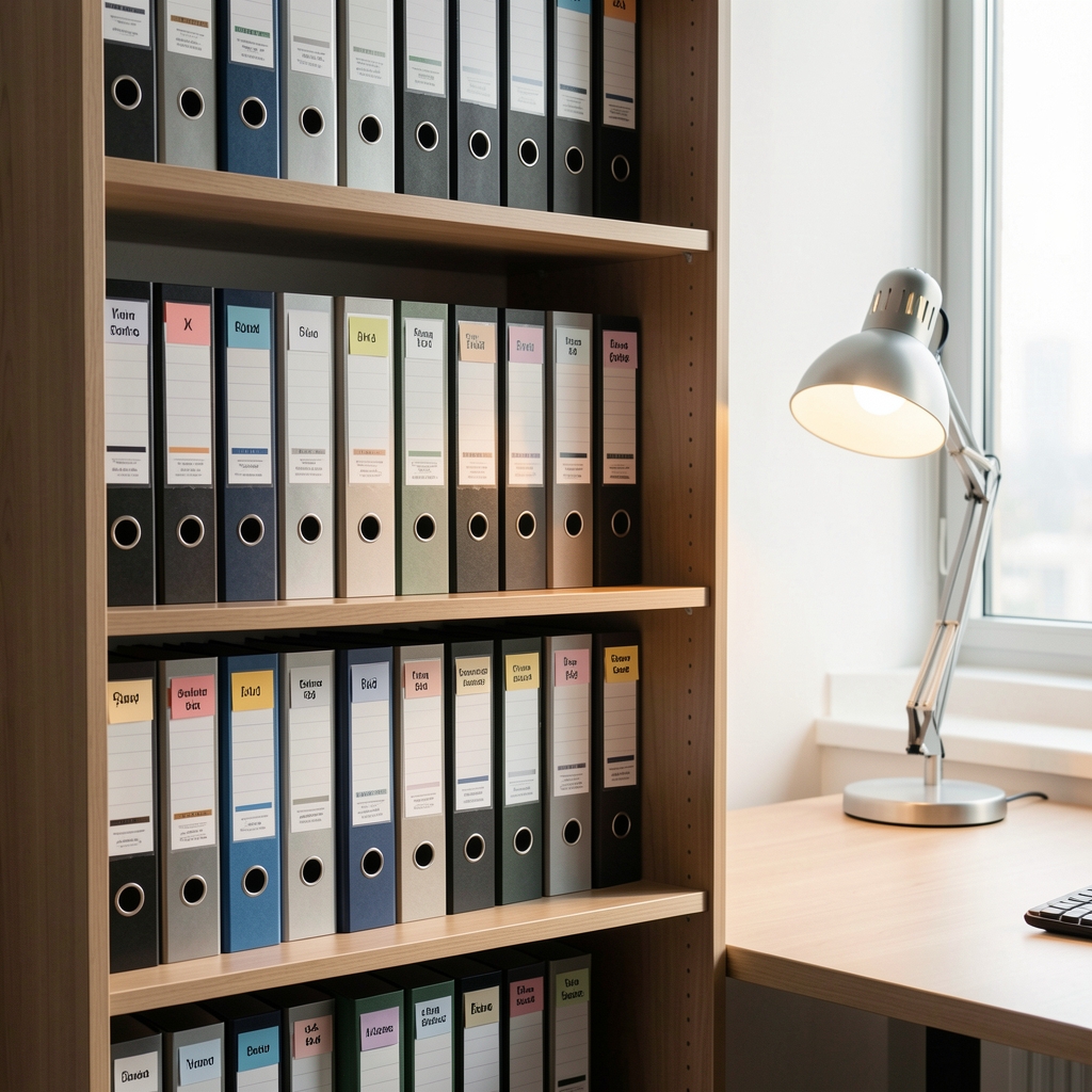 Estantería de oficina con carpetas archivadoras ordenadas y etiquetadas junto a una lámpara de escritorio