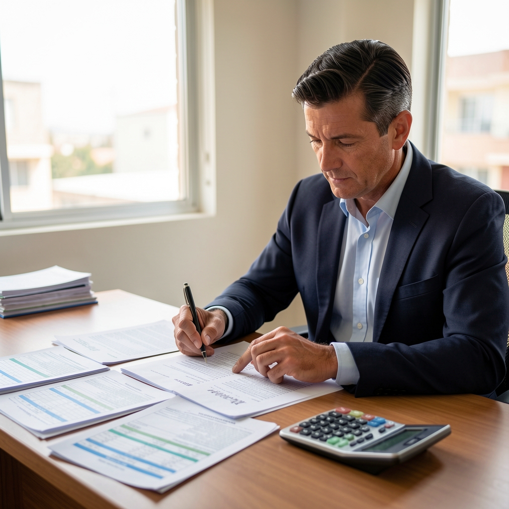 Contador revisando documentación de cierre de ejercicio fiscal sobre un escritorio con planillas impresas y una calculadora en Argentina