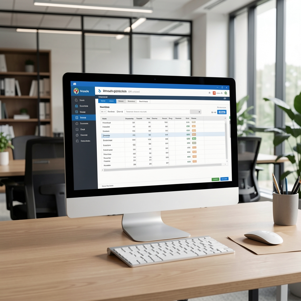Vista de un sistema de gestión contable ERP en la pantalla de una computadora de escritorio en una oficina moderna