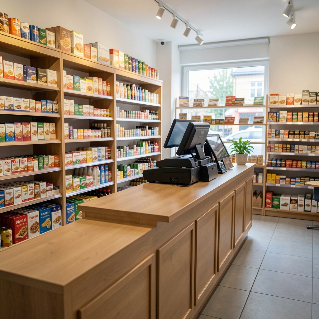 Interior de un comercio minorista con estanterías de productos y una caja registradora en el mostrador