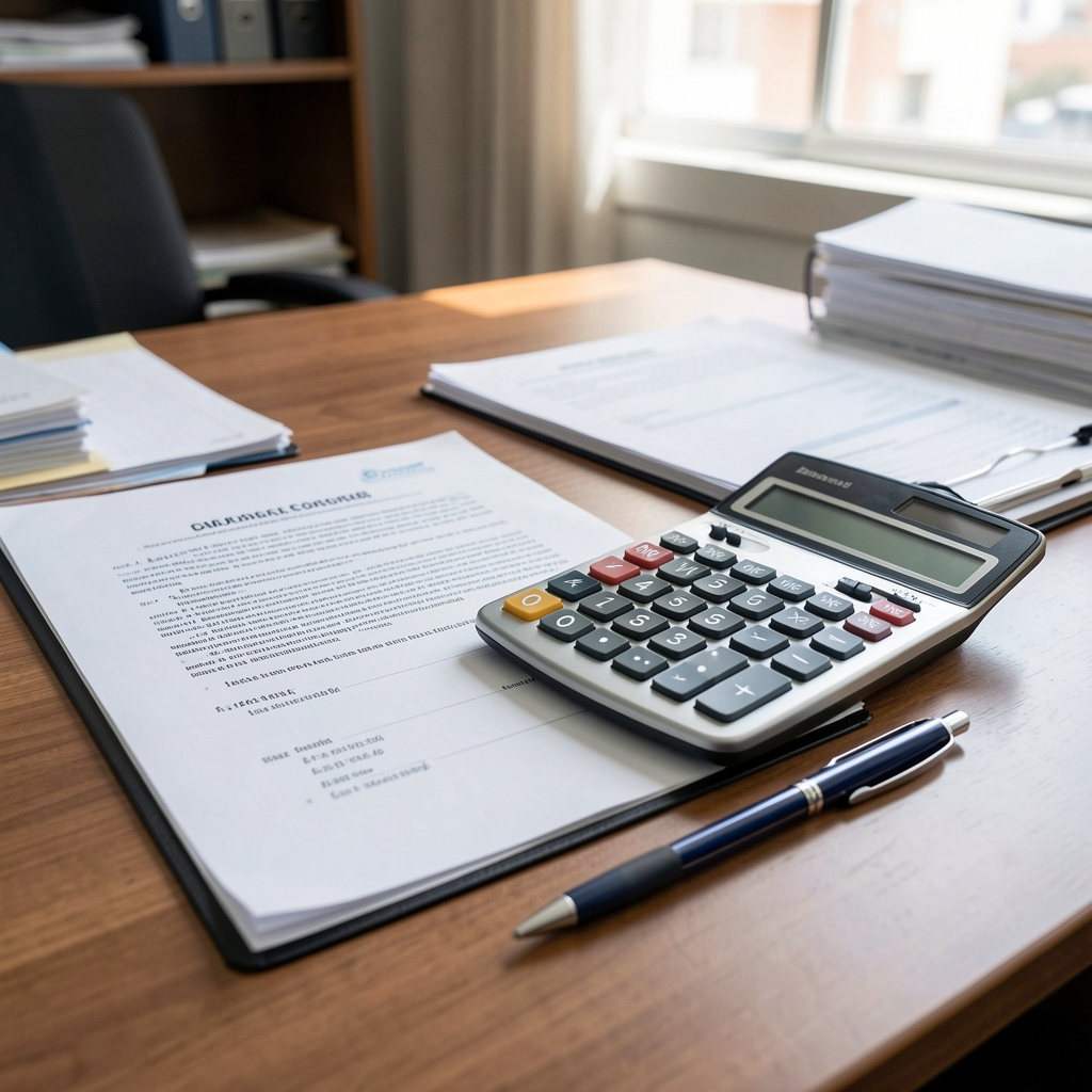 Balance general impreso junto a una calculadora y una lapicera sobre un escritorio de oficina contable en Argentina