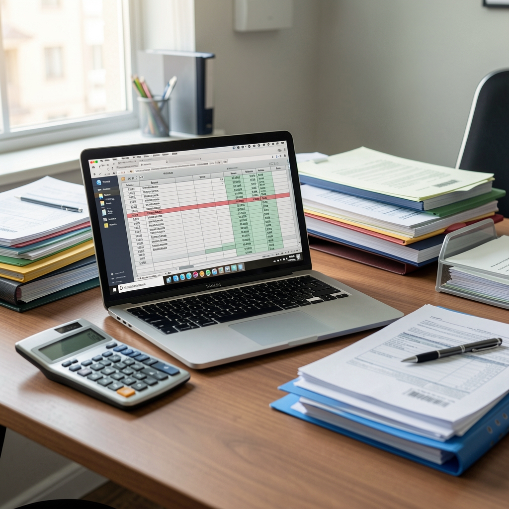 Escritorio de oficina contable en Buenos Aires con laptop mostrando planillas de balance, calculadora y carpetas de comprobantes ordenadas
