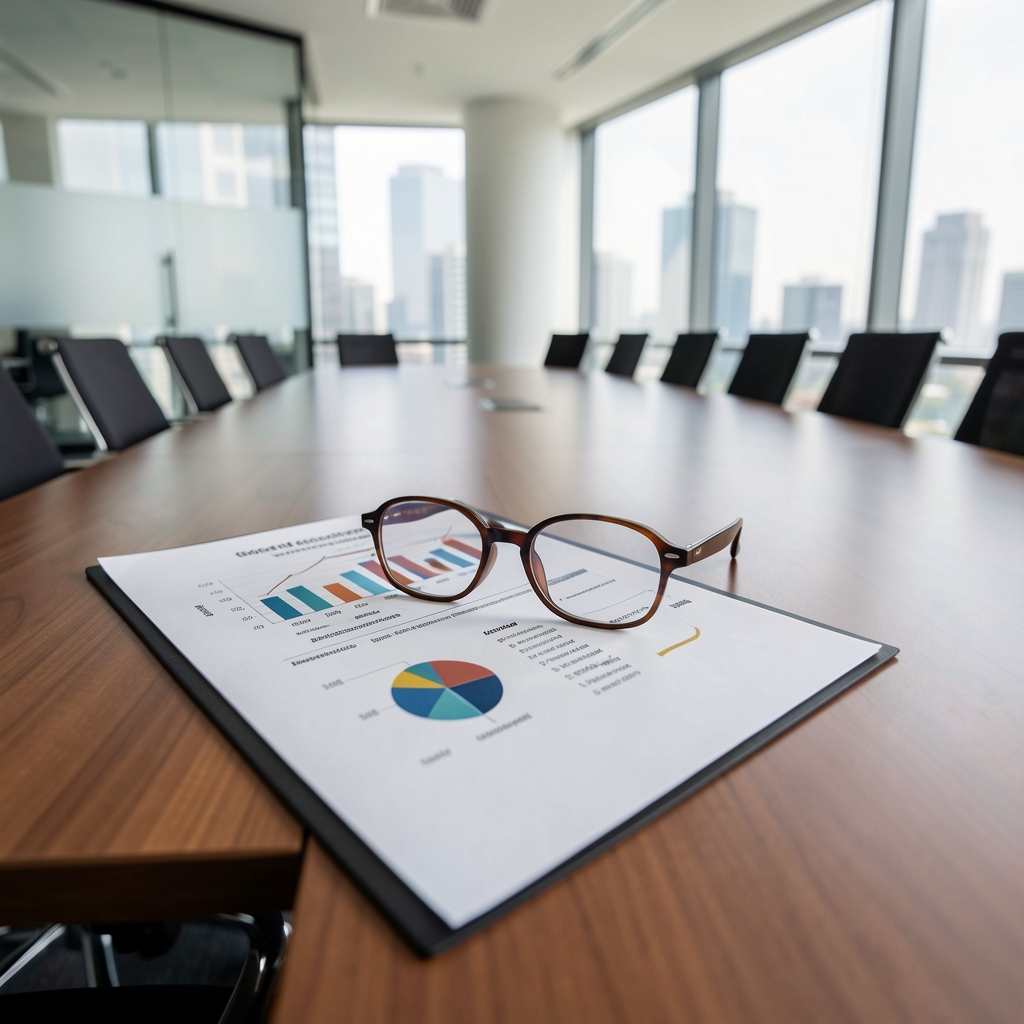 Informe financiero impreso con gráficos comparativos y anteojos sobre una mesa de reuniones en una oficina corporativa