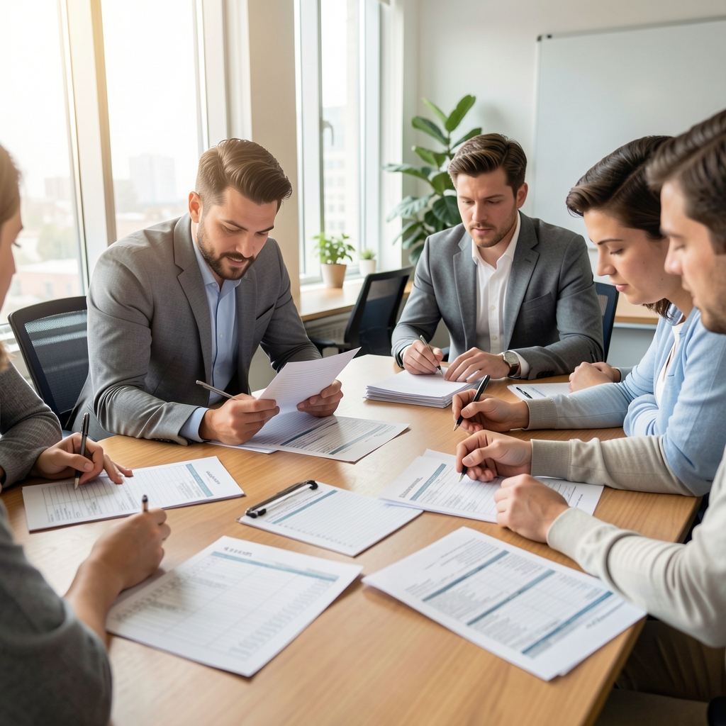 Equipo de trabajo revisando planillas de cálculo e informes contables impresos en una mesa de reuniones en una oficina luminosa de Buenos Aires