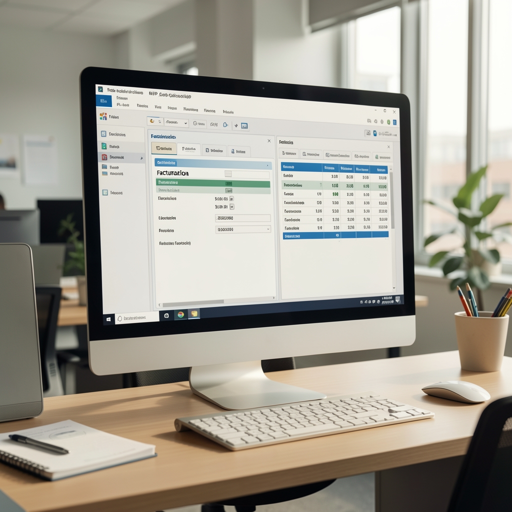 Pantalla de un sistema de gestión ERP mostrando módulos de facturación y contabilidad en una computadora de oficina